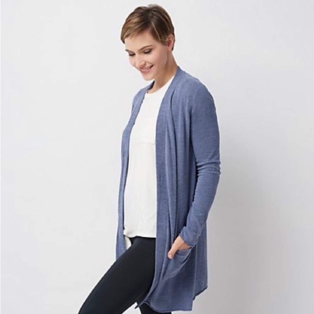 Barefoot Dreams CozyChic Ultra Lite Long Cardigan Sweater Blue Tie Drawstring